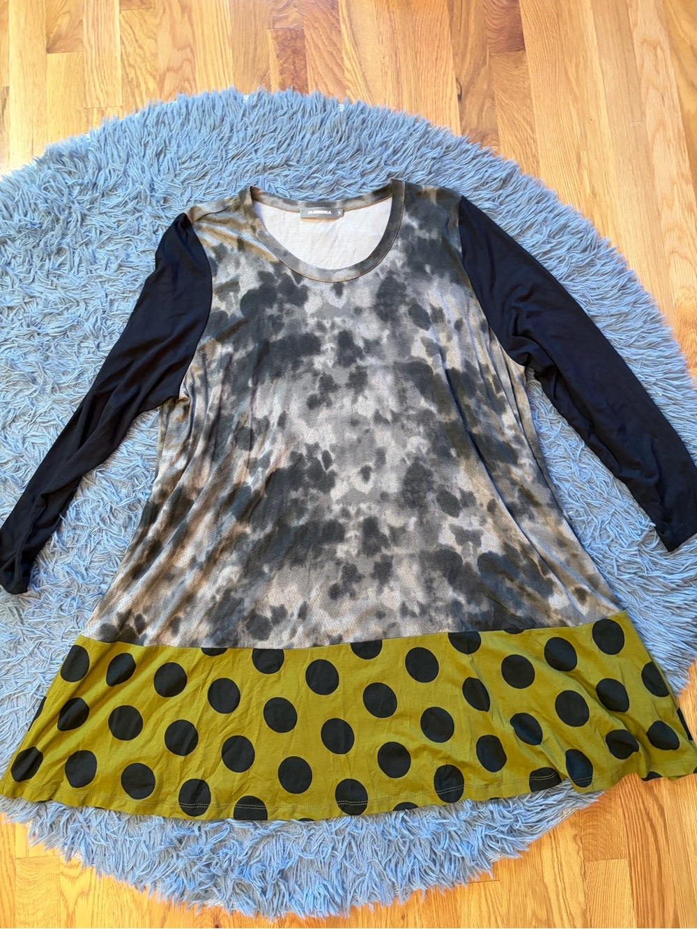 Alembica Black & Olive Polka Dot Mixed-Print Long Sleeve Tunic Dress Size XL